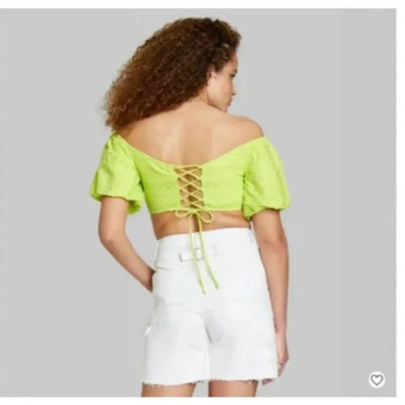 WILD FABLE LIME GREEN OFF THE SHOULDER CROP - Picture 2 of 2